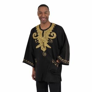 Men’s African Dashiki Traditional Shirt Black With Gold Embroidery